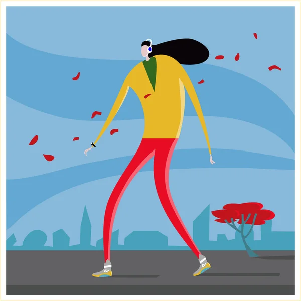 Geek musical woman walking on road at city — Stock Vector