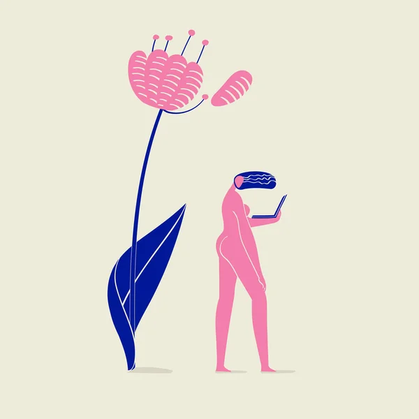 Illustration d'une fille nue avec ordinateur portable — Image vectorielle