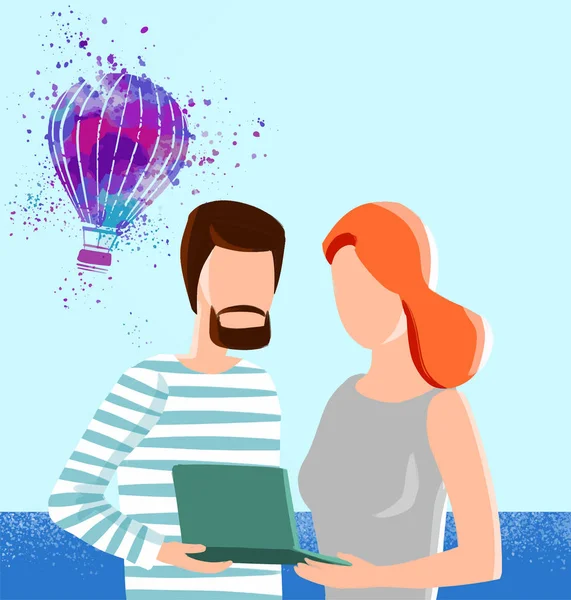 Frau und Mann mit mobilem Computer — Stockvektor