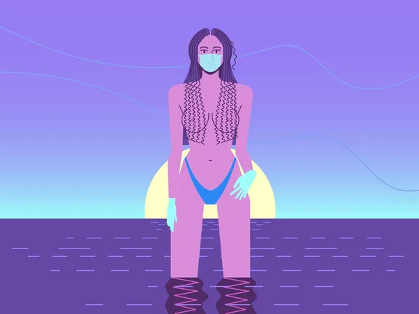 Femme élégante en bikini un masque de protection — Image vectorielle