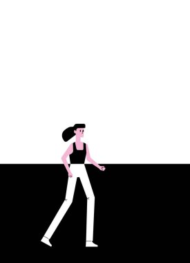 Koşan kadın, düz çizgi film tarzı.