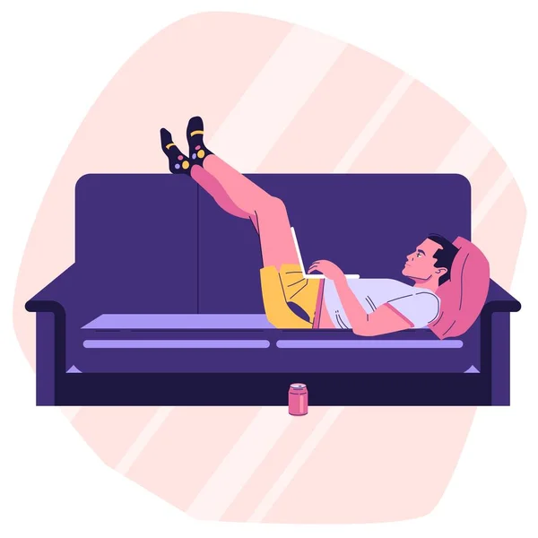 Remote work from home. Man with laptop on sofa — Stock Vector