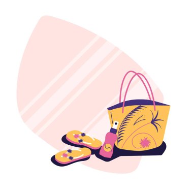 Beash aksesuarları - çanta, parmak arası terlik, güneş kremi