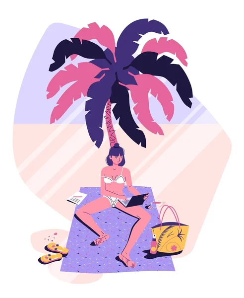 Woman freelancer works distantly from beach — Stock Vector