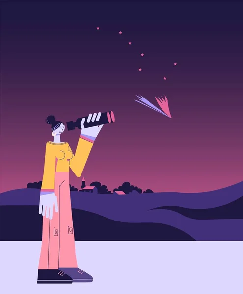 用双筒望远镜检查彗星的妇女 — 图库矢量图片