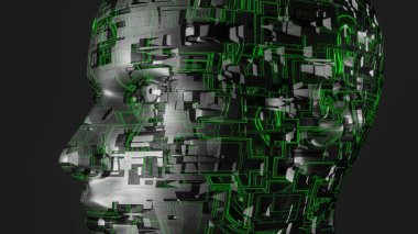 Kadın robot kafası siyahta, yakın plan.