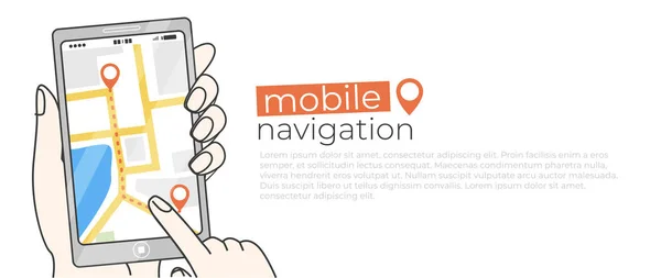 Phone app mobile navigator. A map with a pin and a path along the road — Stock Vector