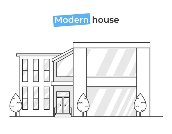 라인 아트에 현대적인 세련 된 주택입니다. 개념 텍스처 벽돌 및 나무와 타일 홈 디자인 — 스톡 벡터