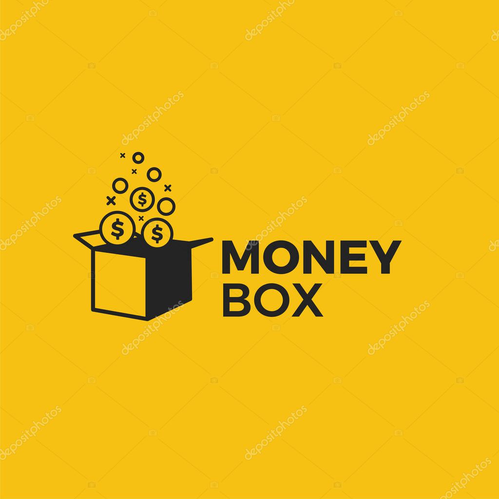 Money box logo. Prize gift with dollar coins illustration. Vector line art logotype