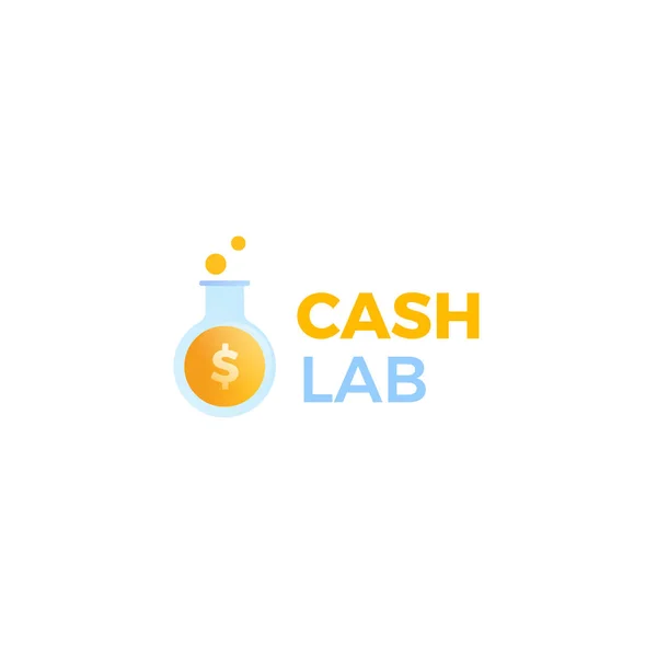 Cash lab logo. A laboratory makes money. A test tube with a dollar coin — Stock Vector