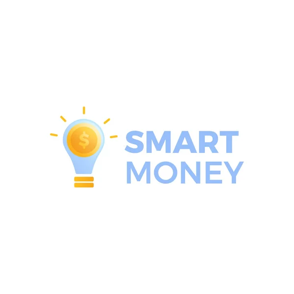 Smart money logo. Luminous light bulb with gold dollar coin logotype. Crowdfunding for fresh ideas. — Stock Vector