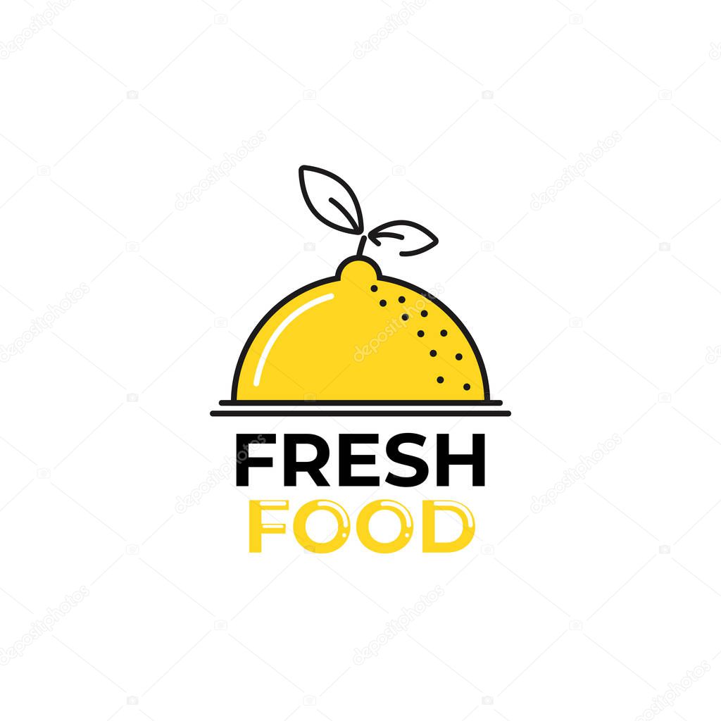 Lemon logo. Logotype with bright fresh lemonade. Summer drawing for a fruit shop. Vector line art illustration