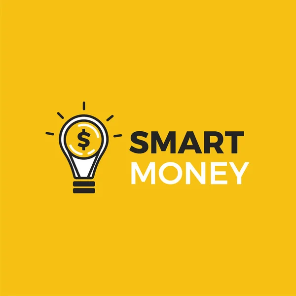 Logotipo de dinheiro inteligente. Lâmpada luminosa com logotipo de moeda de ouro dólar. Crowdfunding para ideias novas . — Vetor de Stock