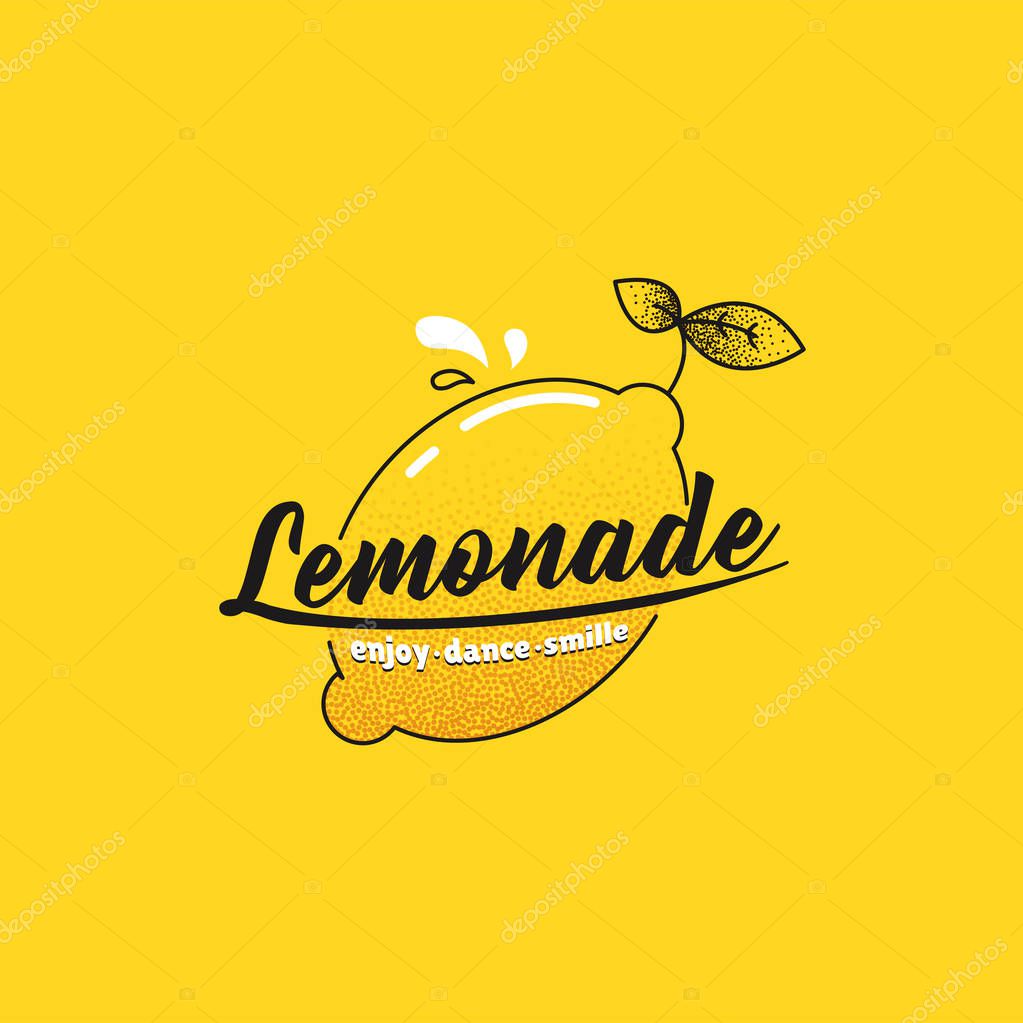Make lemonade logo. Logotype with bright fresh lemon. Summer drawing for a smoothies shop. Vector line art illustration