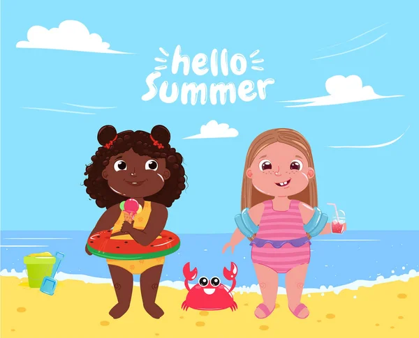 Δύο μικρά κορίτσια στην παραλία. Γεια σας το καλοκαίρι. Φίλοι διασκεδαστικό παιχνίδι και διακοπές στη θάλασσα — Διανυσματικό Αρχείο
