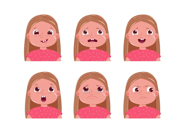 Jeu d'émotions pour petite fille. Visage d'enfant est triste et heureux et effrayé — Image vectorielle