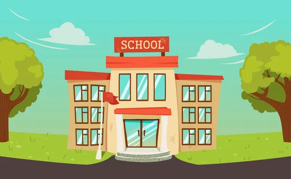 Джуніорський ландшафт будівлі середньої школи. Фон з небом, деревами та дорогою. Дитячий садок для дітей школярів — стоковий вектор