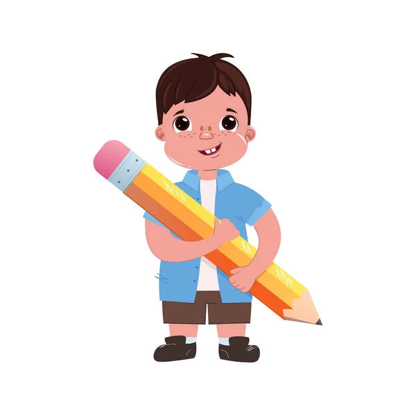 Çocuk çocuk okul çocuğu büyük bir sevimli kalem ile. Okula gidiyorum. Çalışalım — Stok Vektör