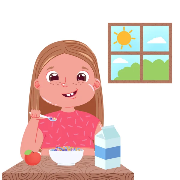 Une petite fille mange le petit déjeuner le matin. Plat sucré flocons de maïs avec du lait. Devant la fenêtre est un jour et le soleil . — Image vectorielle