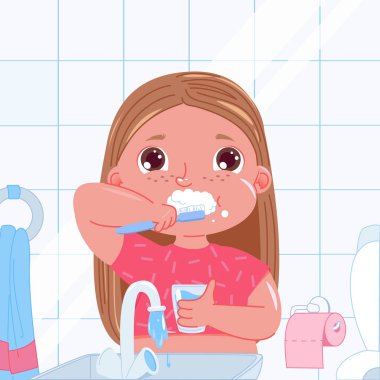 Şirin bebek kız sabah dişlerini fırçalama. Günlük rutin. Dişlerle ilgili sağlık bilgisi