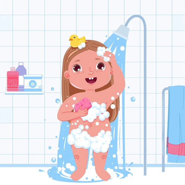 Little child girl character take a shower. Daily routine. Bathroom interior background — Stock Vector