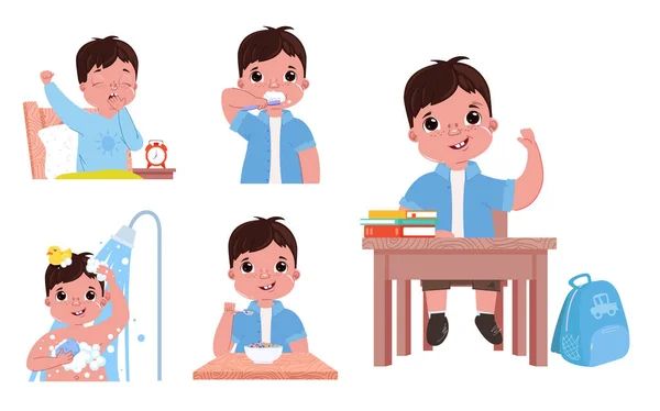 Der Tagesablauf des Kindes ist ein Junge. zurück zur Schule zu gehen. aufwachen und Zähne putzen, duschen und frühstücken — Stockvektor