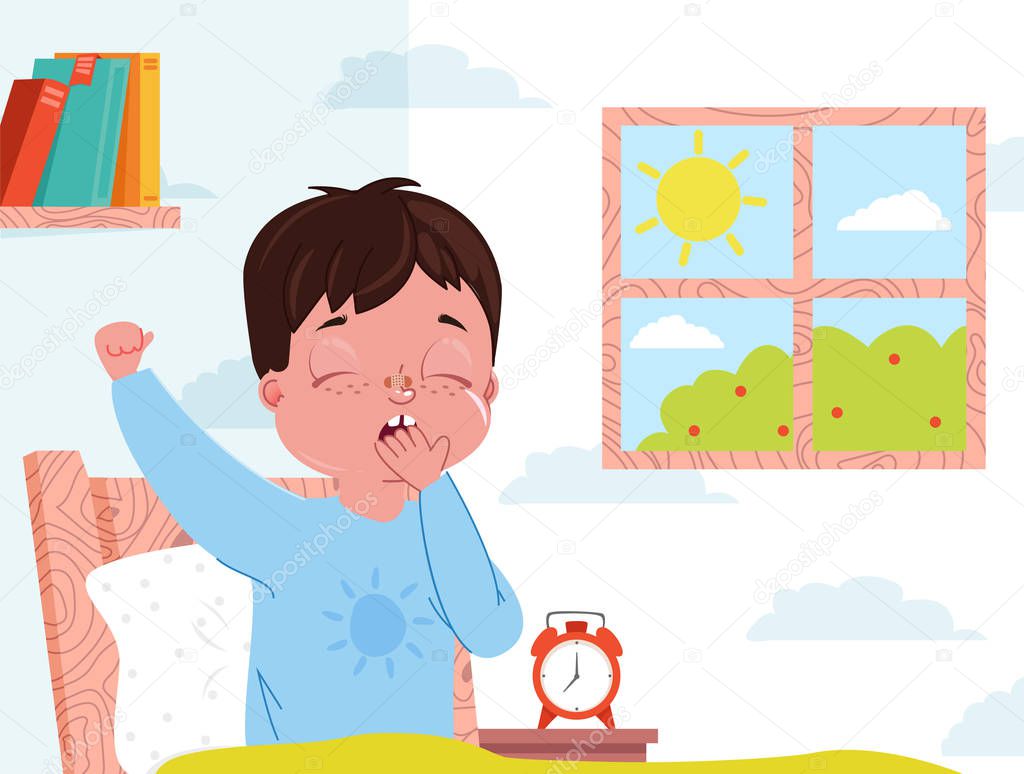 Little child boy wake up in the morning. Kid bedroom interior. Window with sun day. Alarm clock beside the bed