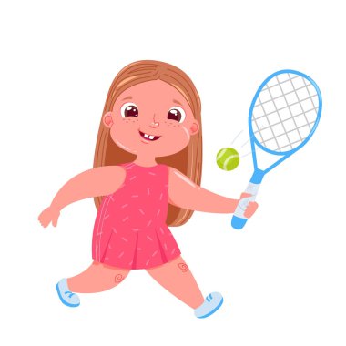 Raquet tenis oynarken kız şirin bebek. Spor sağlıklı yaşam yapıyor. Günlük rutin.  