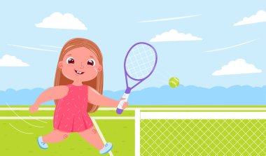 Sarayda raquet tenis oynarken kız şirin bebek. Spor sağlıklı yaşam yapıyor. Günlük rutin.  