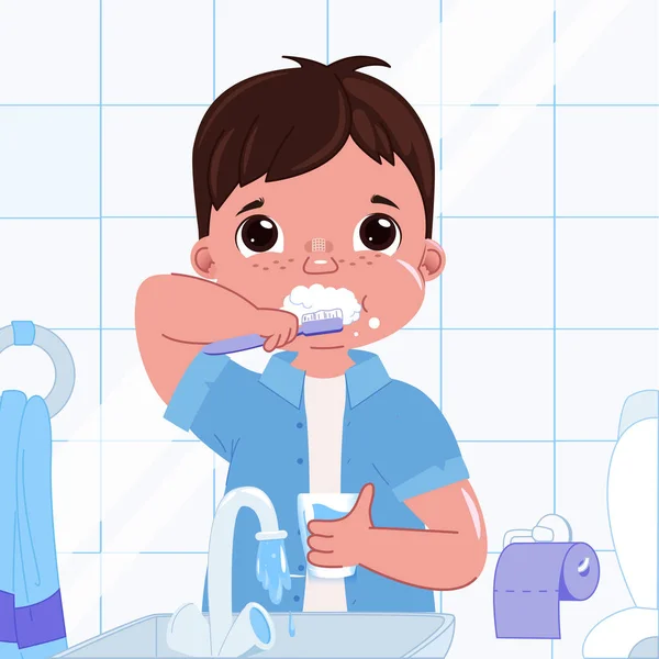 Lindo bebé cepillándose los dientes por la mañana. La rutina diaria. Higiene dental — Archivo Imágenes Vectoriales