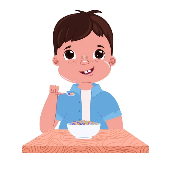 男の子は、午前中に朝食を食べます。牛乳とコーンフレークのカラフルな甘い料理。窓の外は日と太陽. — ストックベクタ