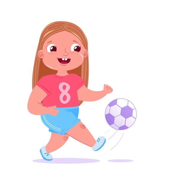Cute baby girl playing  football with a soccer ball. Player's team modern uniform. Healthy activities — Stock Vector