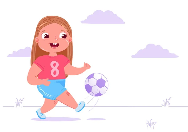 Niedliches kleines Mädchen, das draußen auf dem Rasen mit einem Fußballball Fußball spielt. Spielmannszug moderne Uniform. Gesunde Aktivitäten — Stockvektor