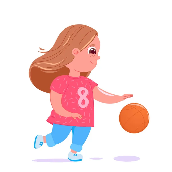 Niedliche Baby-Mädchen beim Basketball mit einem Ball. Spielmannszug moderne Uniform. Gesunde Aktivitäten — Stockvektor