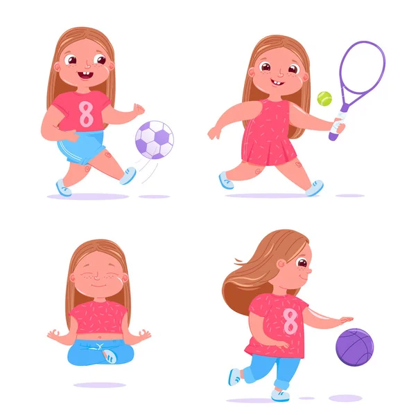 Симпатичная девочка занимается разными видами спорта. Она играет в футбол, баскетбол с мячом, медитирует и занимается йогой, а также занимается теннисом — стоковый вектор