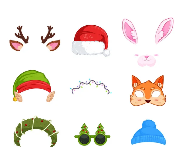 Las máscaras de Año Nuevo para las fotografías. Clipart de Navidad Santa Claus y elfo y conejo y ciervo, y zorro — Vector de stock