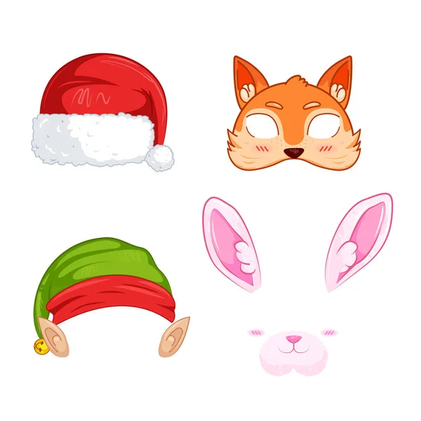 Nový rok masky pro fotografie. Vánoční clipart Santa Claus a Elf a králíka a a fox — Stockový vektor