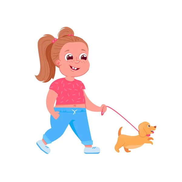 Cute child girl character walks dog. — Stock Vector
