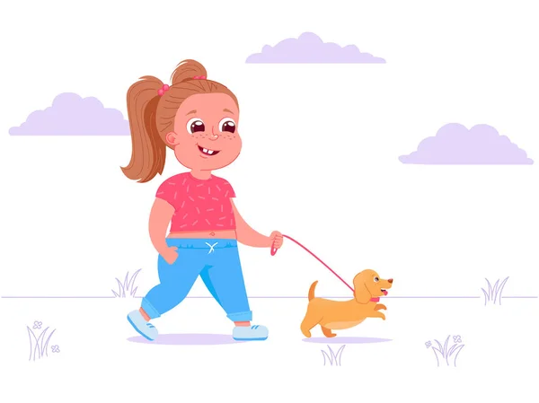 Симпатичная девочка выгуливает собаку. Прогулка по парку для собак в ясный день травы — стоковый вектор