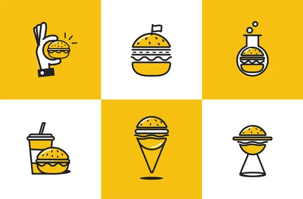 Burger line art sada ikon. Fast food dodání loga koncept — Stockový vektor