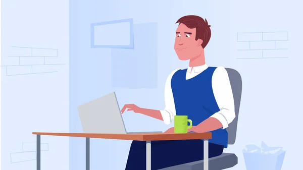 Um homem sentado na secretária do escritório. Trabalhar no portátil. Personagem freelancer — Vetor de Stock