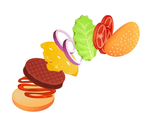 Hamburger with lettuce, onion, cheese, tomato and meat. Flying ingredients of burger. — Stock Vector