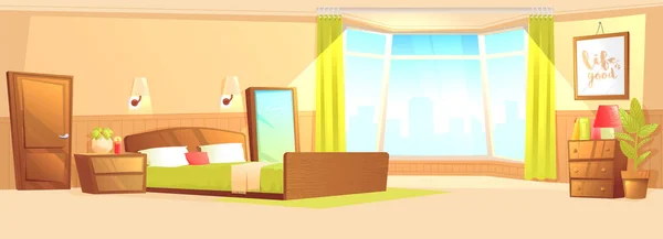 Interior del dormitorio con una cama, mesita de noche, armario y ventana y planta . — Vector de stock