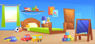 Çocuk Çocuk odası iç tasarım afiş. Yatak, okul yönetimi, kitap ve oyuncaklar ile. 