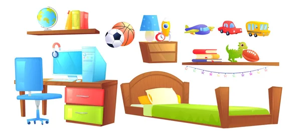 Muchacho dormitorio diseño interior conjunto de objetos. Con cama, lugar de trabajo, escritorio y ordenador PC, estantes, libro, juguetes para niños . — Vector de stock