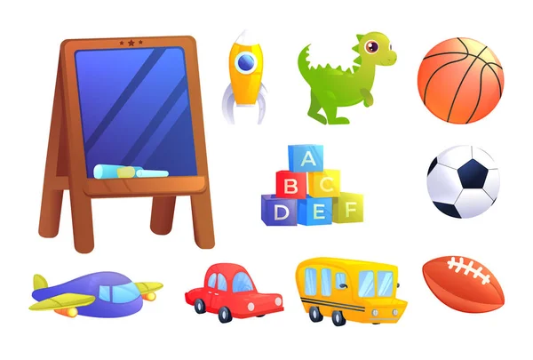 Děti hračky set. Auto, autobus, letadlo, dinosaurus, kostky s písmeny abecedy, sportovní ples pro děti hra. — Stockový vektor