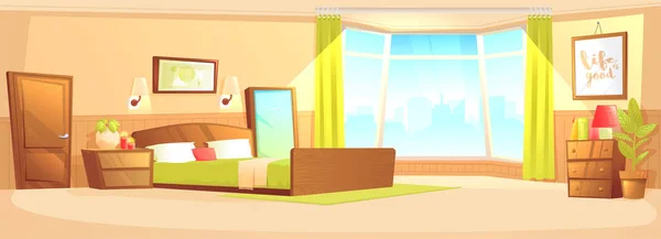 Chambre à coucher appartement moderne avec un lit, table de chevet, armoire et fenêtre et plante. Illustration vectorielle de dessin animé — Image vectorielle