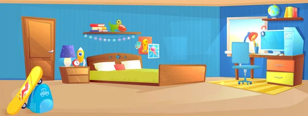 Adolescente niño habitación de diseño de interiores. Con cama, lugar de trabajo con escritorio y ordenador PC, estantes y juguetes y monopatín — Vector de stock