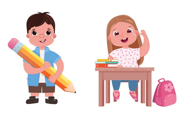 Los niños van a la escuela. La chica está estudiando en la lección. Un niño con un libro y un lápiz . — Vector de stock