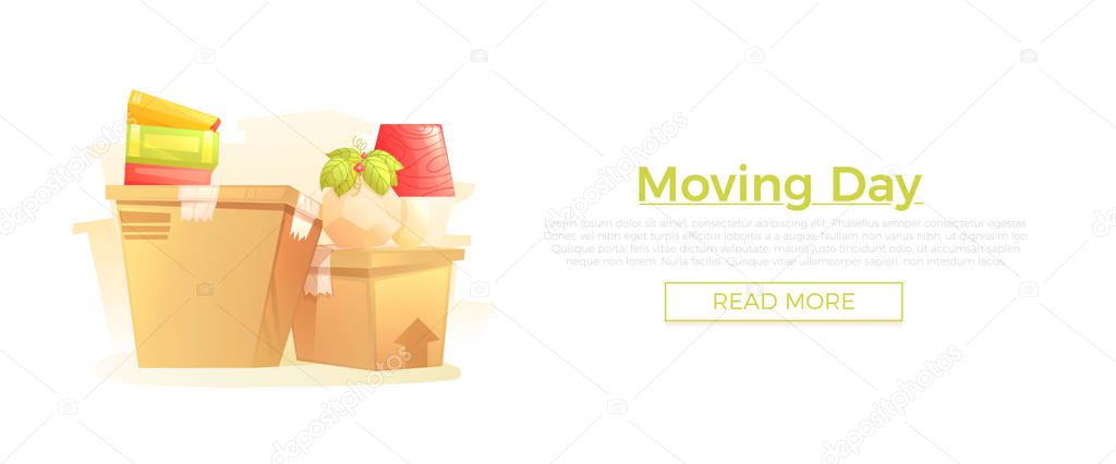 Ready move to new house banner concept. Box and furniture is rides for moving day. 